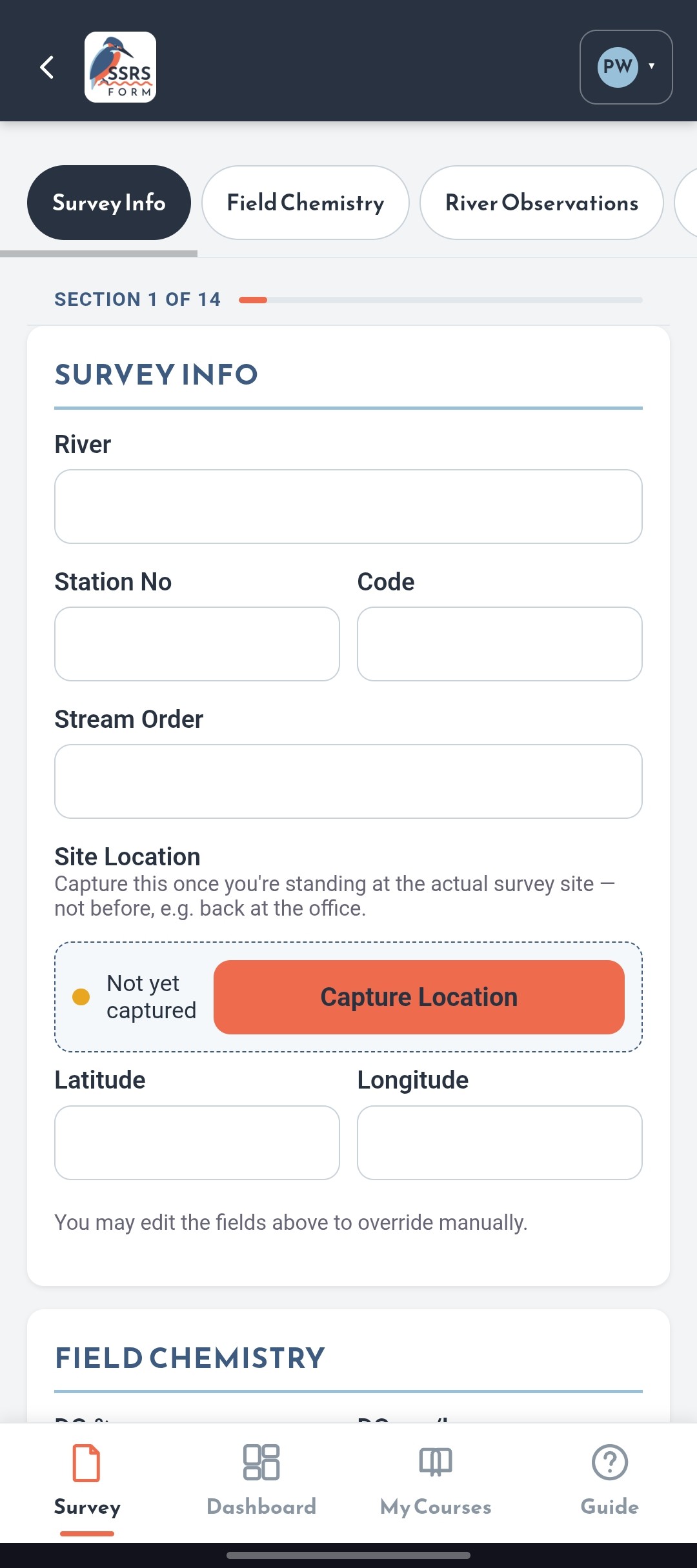 The real SSRS survey form in our catchment survey app, showing River, Station No, Stream Order, and Site Location fields with GPS capture